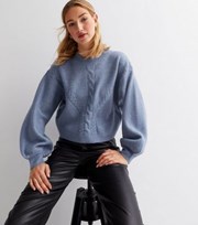 Sunshine Soul Blue Cable Knit Crew Neck Balloon Sleeve Jumper